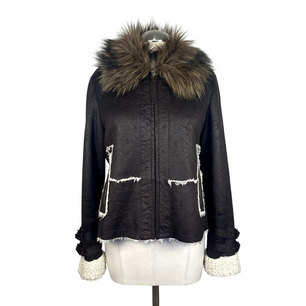 Y2K Montanaco Sherpa Lined Faux Fur‎ Trim Vegan Leather Jacket Western Sz Small